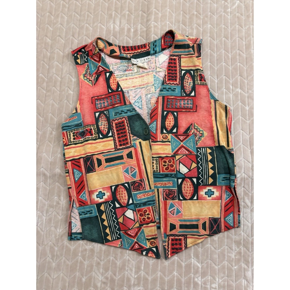 Vintage 90s Artsy Geometric ABSTRACT Pattern Sleeveless Open V-Neck Vest Medium